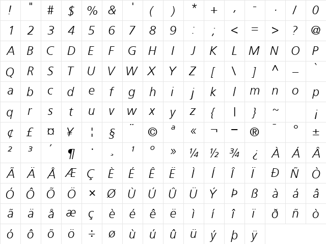 PalmaLightSSK Italic  glyph index