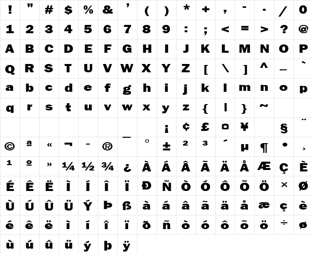 Francis Gothic-Extended Normal  glyph index