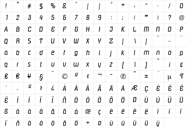 MaxBecker Italic  glyph index