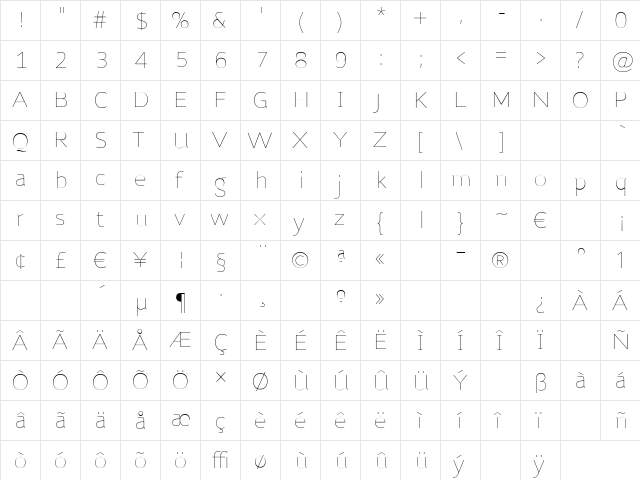 NubianAltThin Regular  glyph index