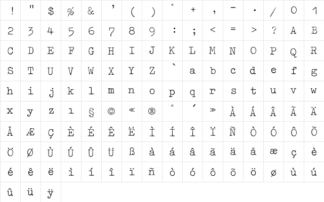 Typewriter Light  glyph index