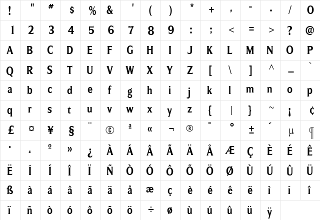 SilveradoBoldCondensed Roman  glyph index