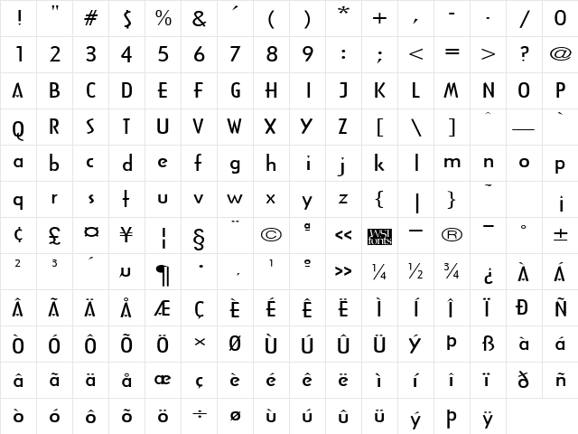 ArcaneWide Regular  glyph index