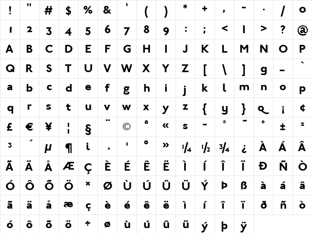 Johnston ITC Bold  glyph index