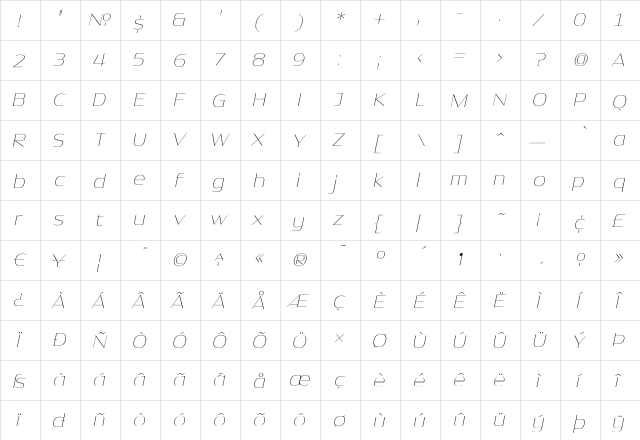DynastyThin Italic  glyph index
