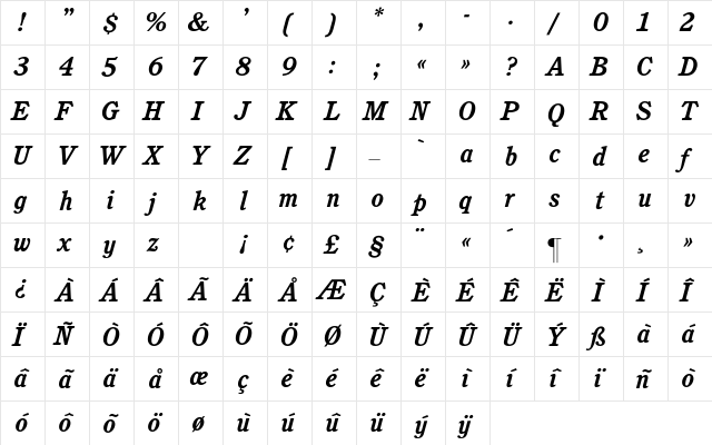 Cushing-BoldItalic Regular  glyph index