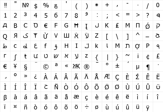 Cyrillatina Regular  glyph index