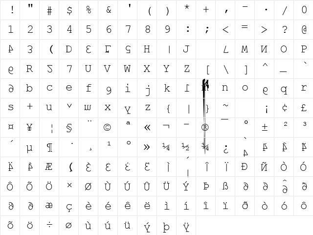 Cou7ier Regular  glyph index