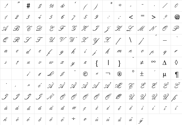 ElegantHandOne Regular  glyph index