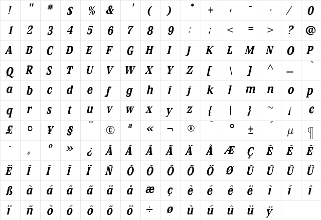StirlingBoldItalic Roman  glyph index