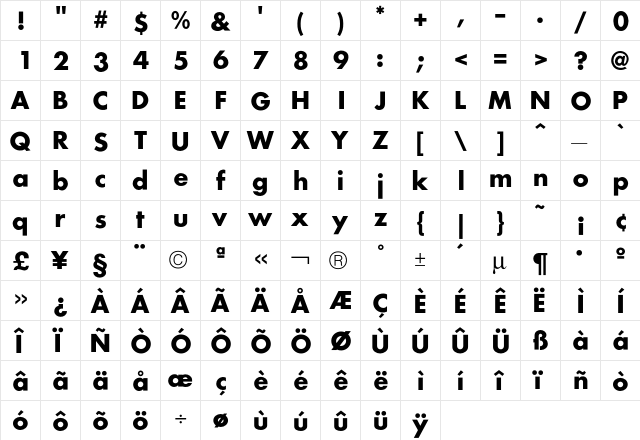 FuturaICG Bold  glyph index