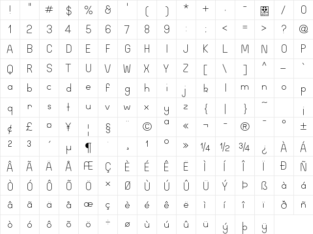 Wida Round Light Demo Regular  glyph index