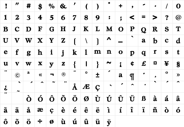 ChelseaBold Regular  glyph index