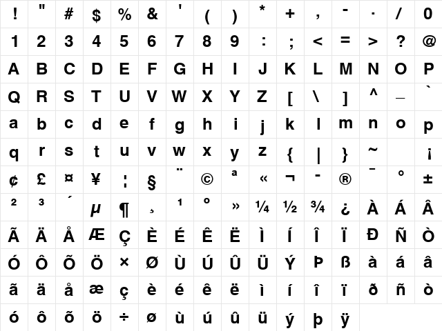 Helvetica S Bold  glyph index