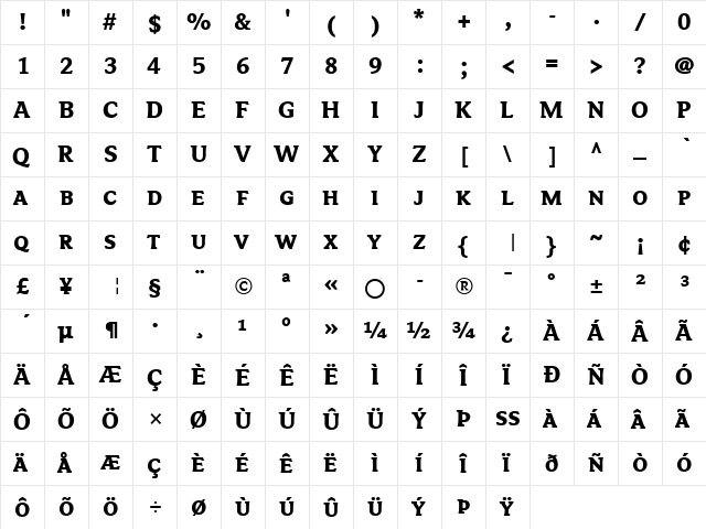 Avance Bold  glyph index