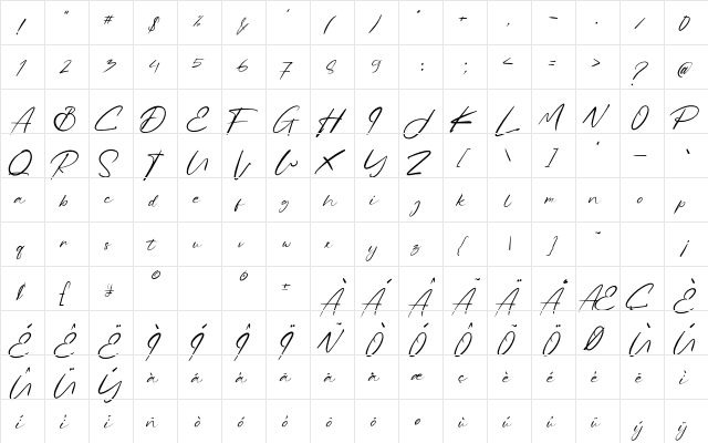 Pretty Rosse Regular  glyph index