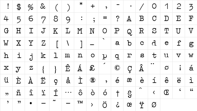 Schreibmaschinenschrift BQ Roman  glyph index