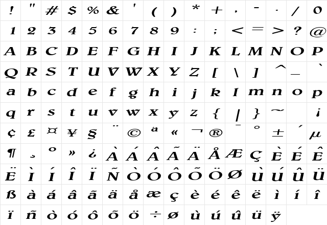 Blew Extended Italic  glyph index