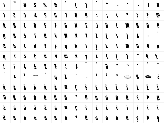 Captain Canaveral Leftalic Italic  glyph index