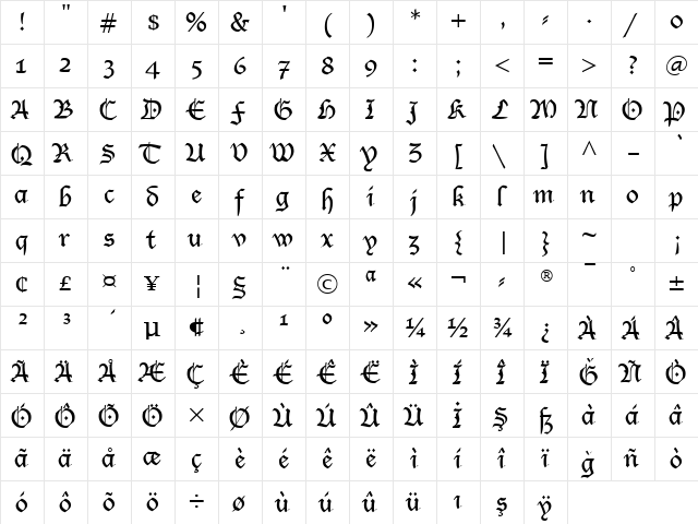 Lucida Blackletter Regular  glyph index