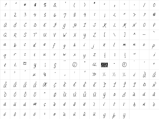 BrandysHand Regular  glyph index