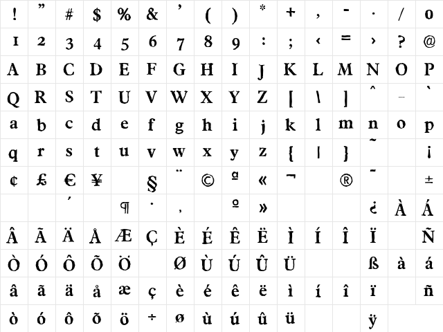 FranciscoAntique Bold  glyph index