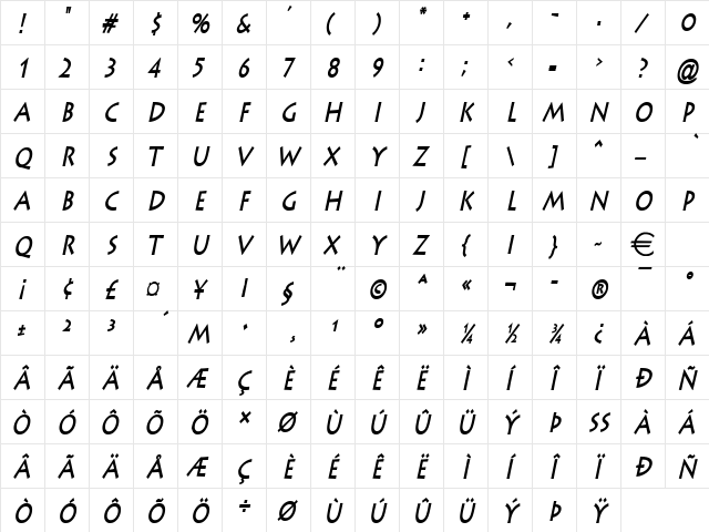 ListeCondensed BoldItalic  glyph index