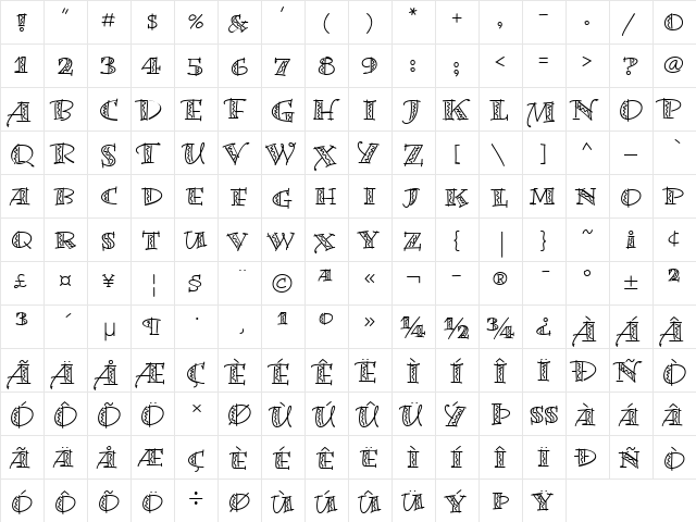 BermudaLPSquiggle Roman  glyph index