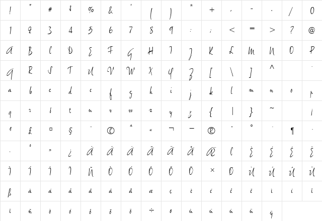 Amethyst Script Regular  glyph index