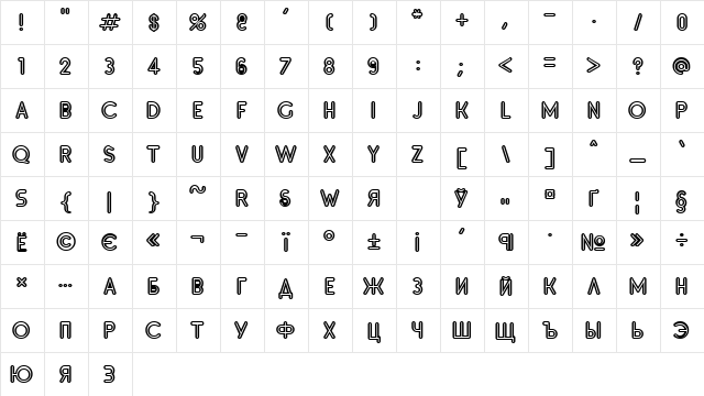 Inset5 Bold  glyph index