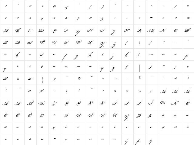 Bickham Script One Regular  glyph index