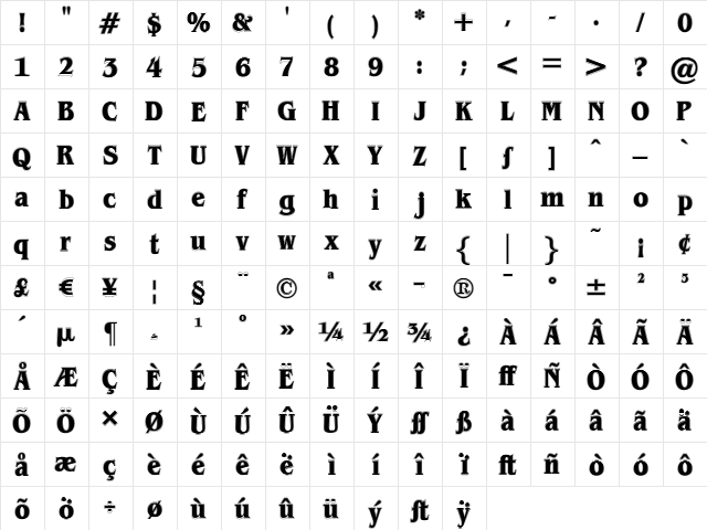 Brian James Contour Regular  glyph index