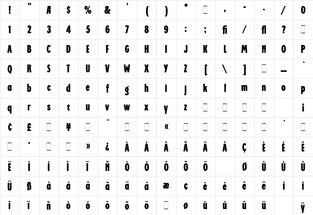 Regatta Condensed LET Plain  glyph index