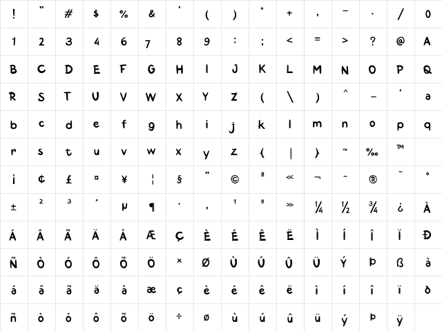 Kayobi Regular  glyph index