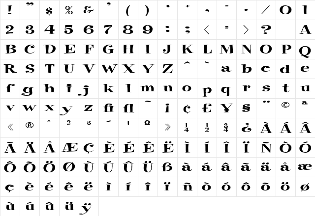 RaskinExtended Regular  glyph index