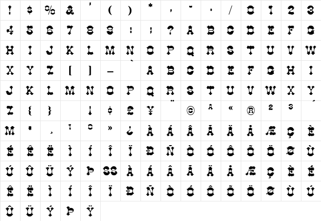 Judes Regular  glyph index