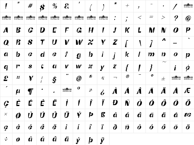 Boring Sans C Trial Bold Italic  glyph index