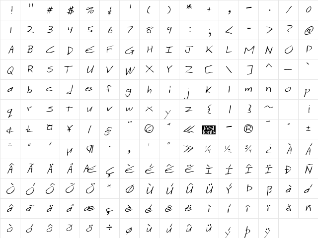 ZonkersHand Regular  glyph index
