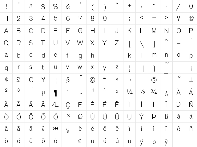 Ancona-Light Regular  glyph index
