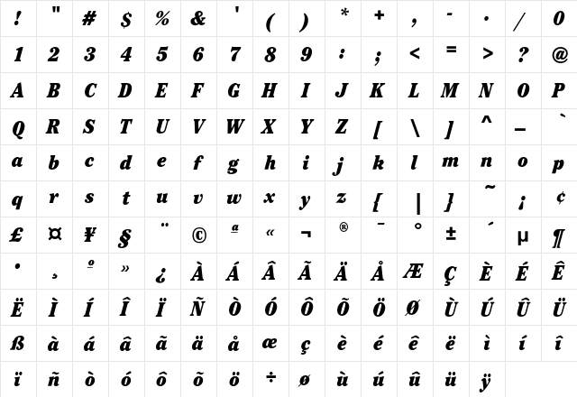 CheltenhamEF-UltraCondensIta Regular  glyph index