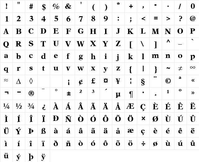 AsterNova Bold  glyph index