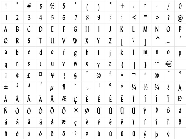 LyndaThin Bold  glyph index