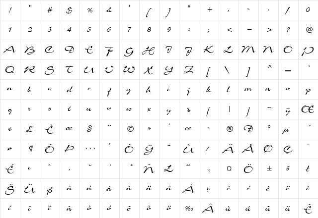 Charme Regular  glyph index