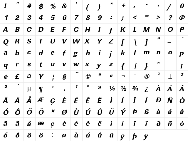 URWLinearTExtBol Oblique  glyph index