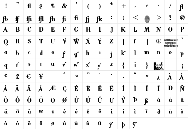 CantabileBoldAlternate Regular  glyph index
