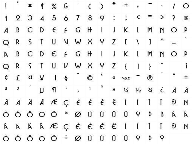 Businko normal  glyph index