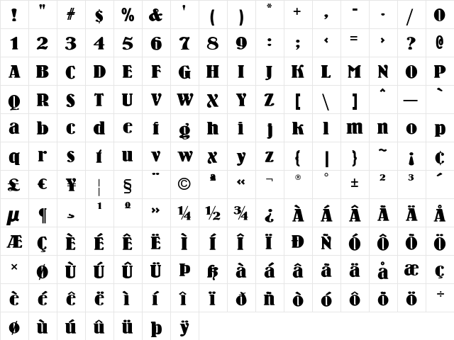 WoodenNickelBlack Regular  glyph index
