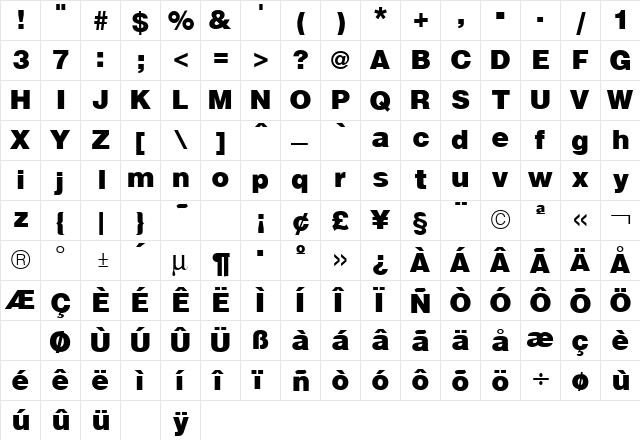 Hallmarke Black Regular  glyph index