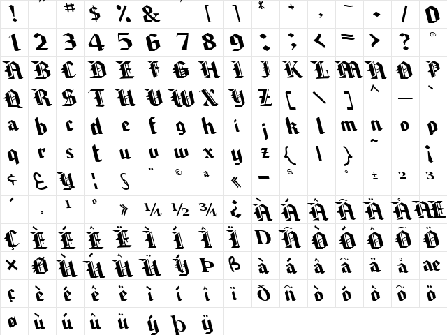 Chamber Regular  glyph index