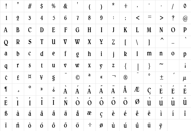 Blew Condensed Normal  glyph index